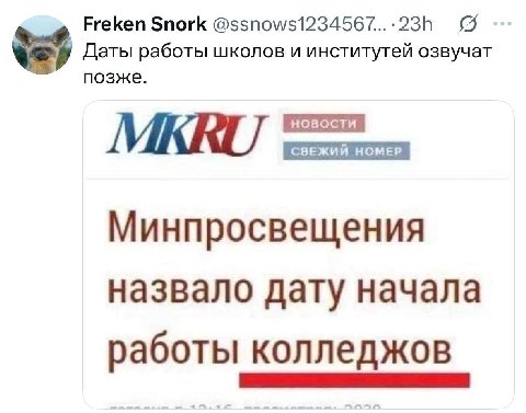 Freken Snork @ssnows1234567...:23h Даты работы школов и институтей озвучат позже. MIKRU СВЕЖИЙ НОМЕР НОМЕР Минпросвещения назвало дату начала работы колледжов