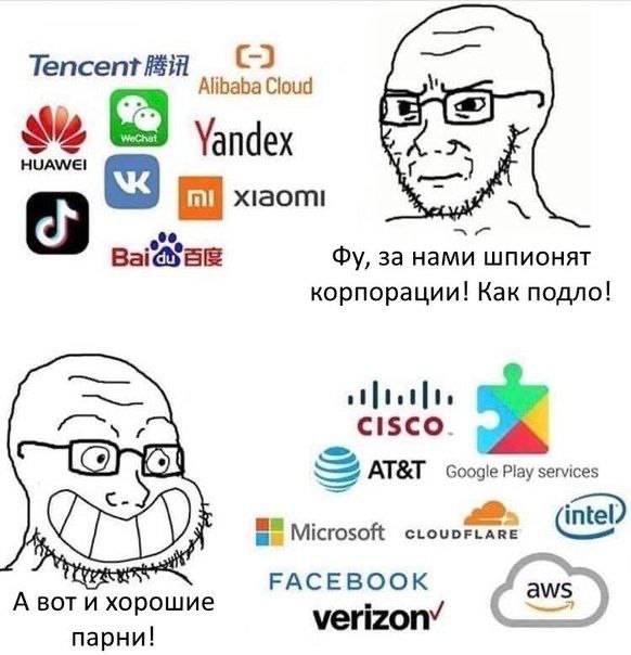 Tencent Я Alibaba Cloud Yandex xlaoml за нами шпионят корпорации! Как подло! cisco. coo ole Play services Microsoft FACEBOOK А вот и хорошие verizon’ парни!