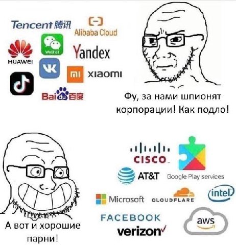 Tencent Я Alibaba Cloud Yandex xlaoml за нами шпионят корпорации! Как подло! cisco. coo ole Play services Microsoft FACEBOOK А вот и хорошие verizon’ парни!