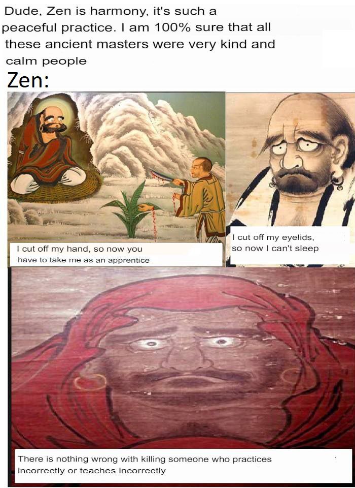 Dude, Zen is harmony, it's such а peaceful practice. 100% sure that all these ancient masters were very kind and calm people a, cut off my eyelids, cut off my hand, so now you so now can't sleep have 