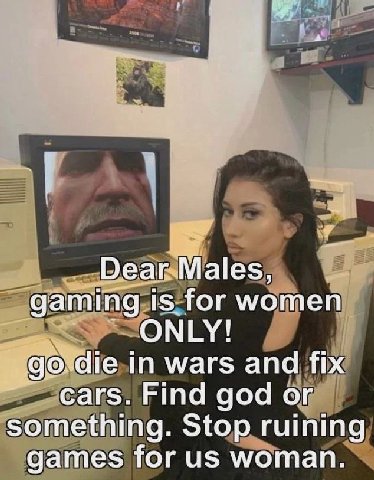 Dear Males, gaming 1$ for women go.die in wars and fix cars. Find god or something. Stop ruining games for woman.