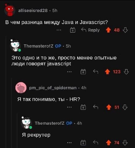 alliseeisred28 В чем разница между Java и Javascript? Веру ThemasterofZ Это одно и то же, просто менее опытные люди говорят javascript 4 123 pm_pic_of_spiderman Я так понимаю, ты 3 ThemasterofZ Я рекр