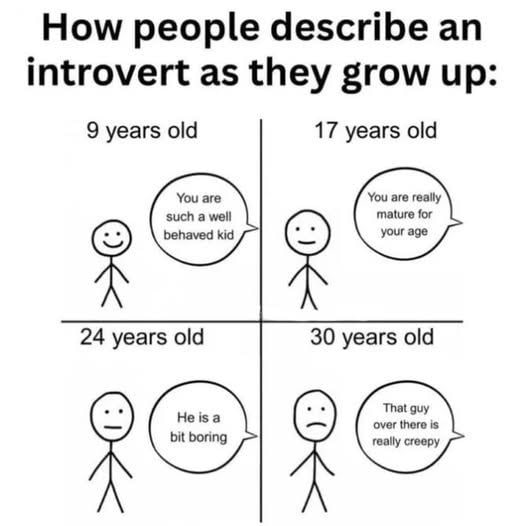 How people describe introvert as they grow up 9 years old 17 years old You are You are such а well mature for your age 24 years old 30 years old guy really creepy over there is 2
