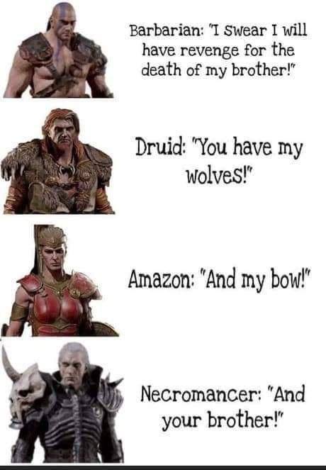 Barbarian: “I Swear I will have revenge for the death of my brother!” Druid: "You have my wolves!" Amazon: "And my bow!" Necromancer: “And your brother!"
