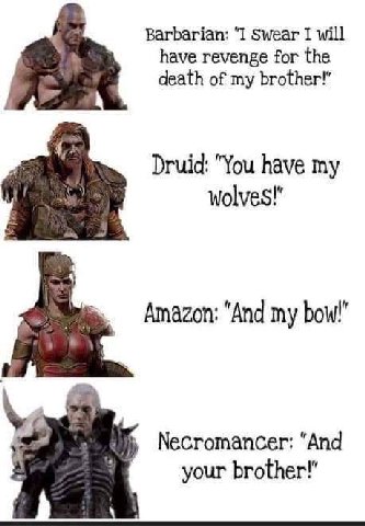 Barbarian: “I Swear I will have revenge for the death of my brother!” Druid: "You have my wolves!" Amazon: "And my bow!" Necromancer: “And your brother!"