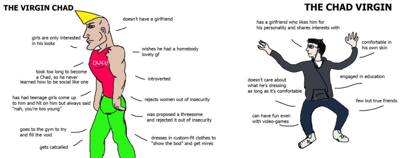 THE VIRGIN CHAD THE CHAD VIRGIN has a girlfriend who likes him for his personality and shares interests with irls are only interested a his looks comfortable in wishes he had a homebody his own skin l