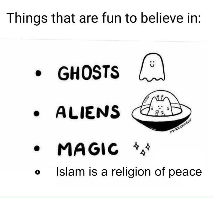 Things that are fun to believe in: GHOSTS ALIENS MAGIC Islam is a religion of peace