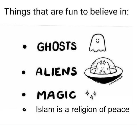 Things that are fun to believe in: GHOSTS ALIENS MAGIC Islam is a religion of peace