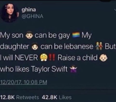 ghina ТОСНМА son can be gay My daughter can be lebanese But will NEVER Raise a child who likes Taylor Swift 12/20/17, 10:08 12.8К Retweets 42.8К Likes