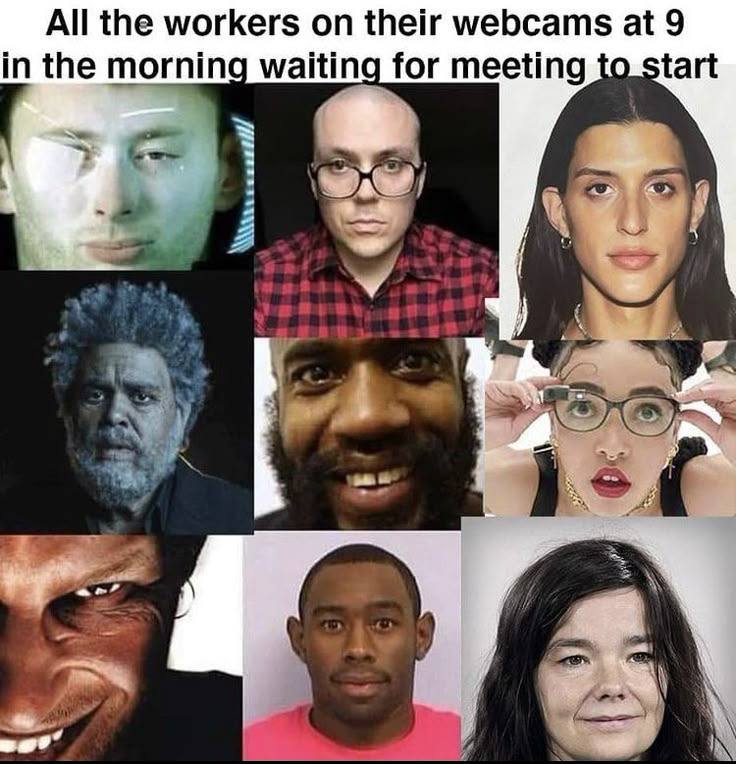 All the workers on their webcams at 9 morning tart waiting for meeting