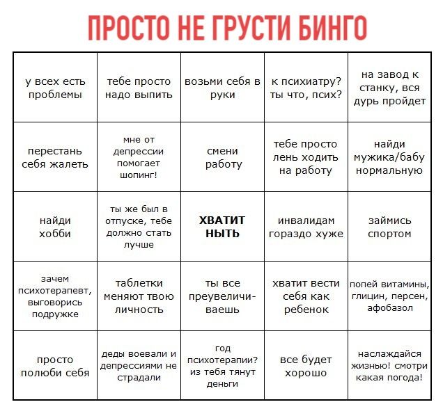 ПРОСТО НЕ ГРУСТИ БИНГО на завод к у всех есть тебе просто возьми себя в| к психиатру? станку, вся проблемы надо выпить руки ты что, псих? дурь пройдет мне от тебе просто найди перестань депрессии смен