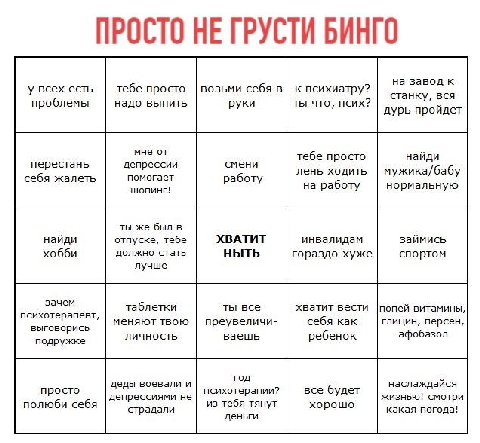 ПРОСТО НЕ ГРУСТИ БИНГО на завод к у всех есть тебе просто возьми себя в| к психиатру? станку, вся проблемы надо выпить руки ты что, псих? дурь пройдет мне от тебе просто найди перестань депрессии смен