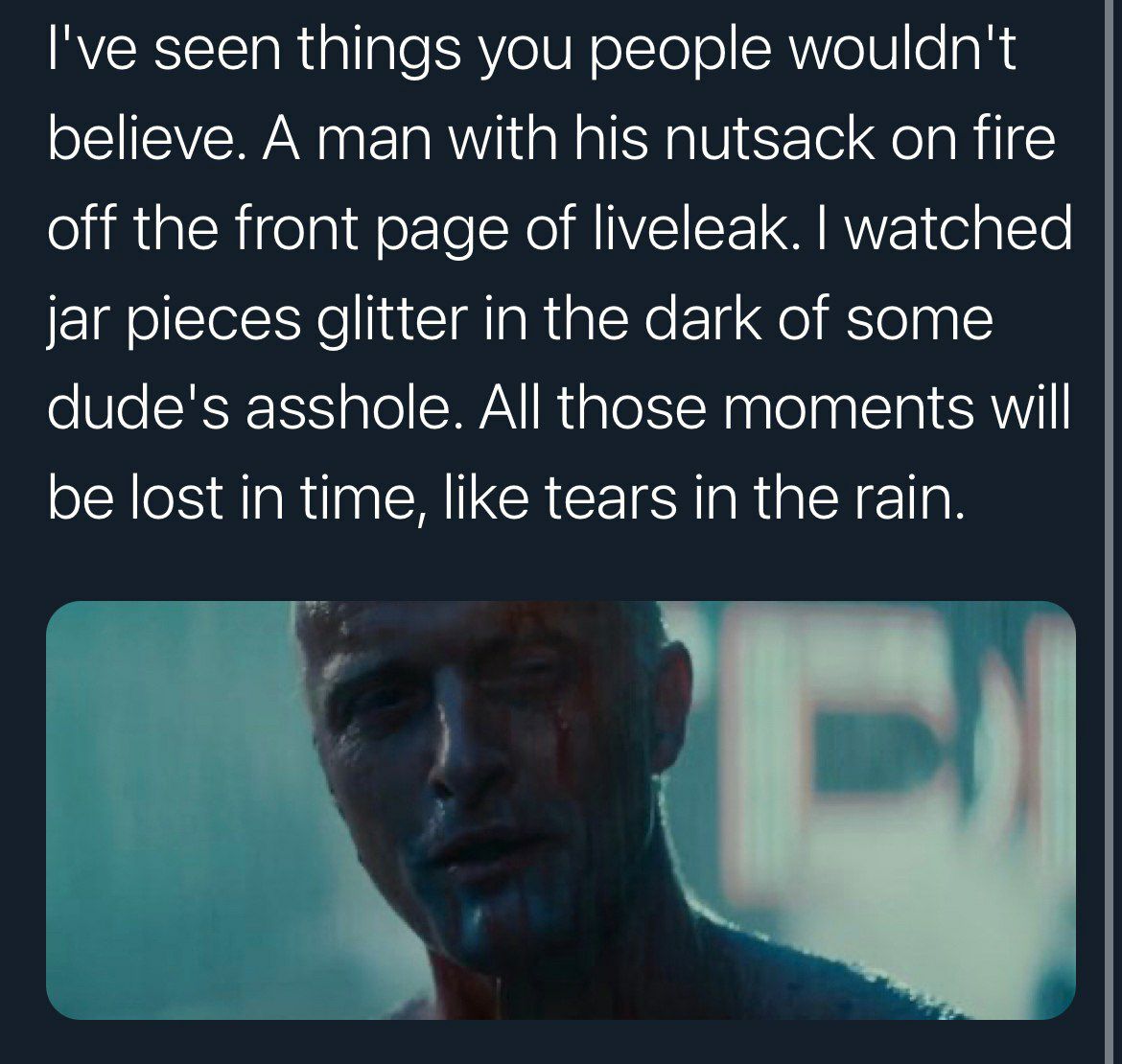 I've seen things you people wouldn't believe. A man with his nutsack on fire off the front page of liveleak. watched jar pieces glitter in the dark of some dude's asshole. All those moments will be lo