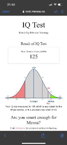 https://test.mensa.no/ скипал последние пять арифметических залуп в поисках хуйни попроще, потому что проебал минут пять на вопросах для фанатов аны де армас. поетому проходите, результаты в комменты.