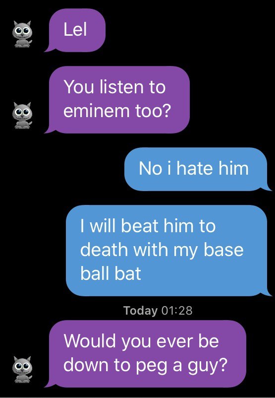 Lel You listen to еттет too? No i hate him will beat him to death with my base ball bat Would you ever be down to ред а guy?