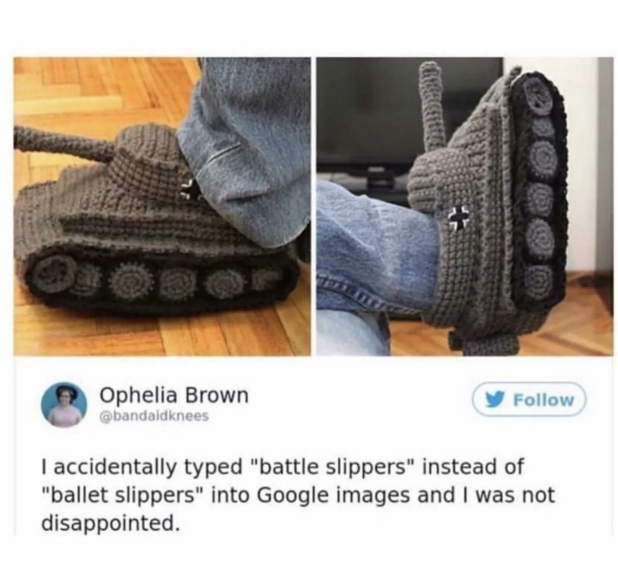 К Ophelia Brown Follow »bandaidknee accidentally typed "battle slippers" instead of "ballet slippers" into Google images and was not disappointed.