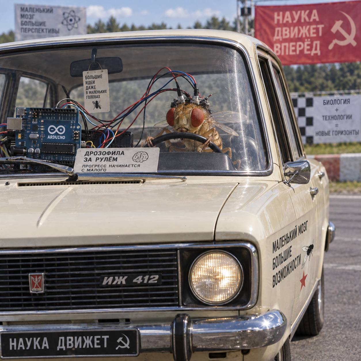 Муху научили управлять автомобилем ИЖ 412: мозг мёртвой дрозофилы подключили к ардуино и научили управлять советским автомобилем.

Мозг отреагировал электрическим импульсом, который сразу вытянул подс