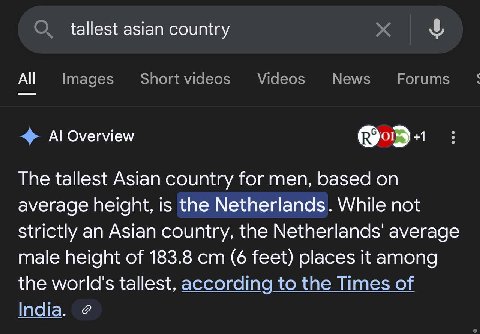 tallest asian country All Overview +1 The tallest Asian country for men, based average height, is the Netherlands. While not strictly an Asian country, the average male height of 183.8 (6 feet) places
