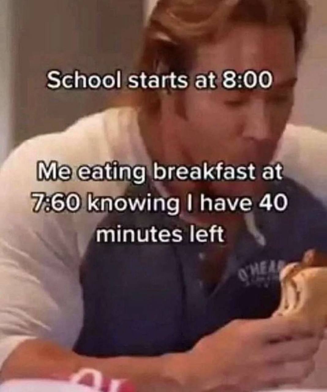 School starts at 8:00 Mere ating breakfast at 60 knowing have 40 minutes left