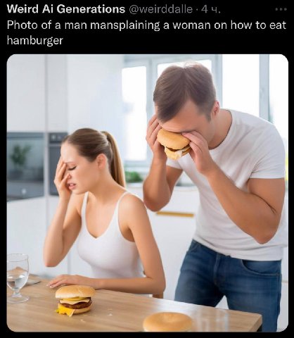 Weird Generations @weirddalle 4 Photo of a man mansplaining a woman on how to eat hamburger 4 a a 72 у
