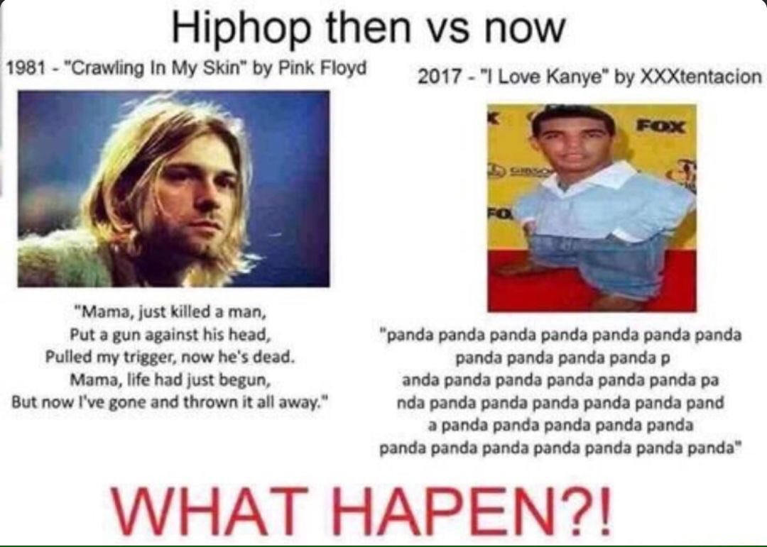 Hiphop then now 1981 "Crawling My Skin” Pink Floyd 2017 Love Kanye” XXXtentacion "Мата, just killed a man, Put a gun against his head, “panda panda panda panda panda panda panda Pulled my trigger, now
