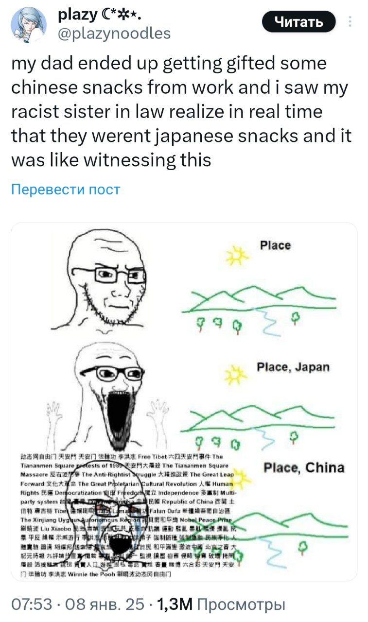 Plazy @plazynoodles my dad ended up getting gifted some chinese snacks from work and i saw my racist sister in law realize in real time that they werent japanese snacks and it was like witnessing this