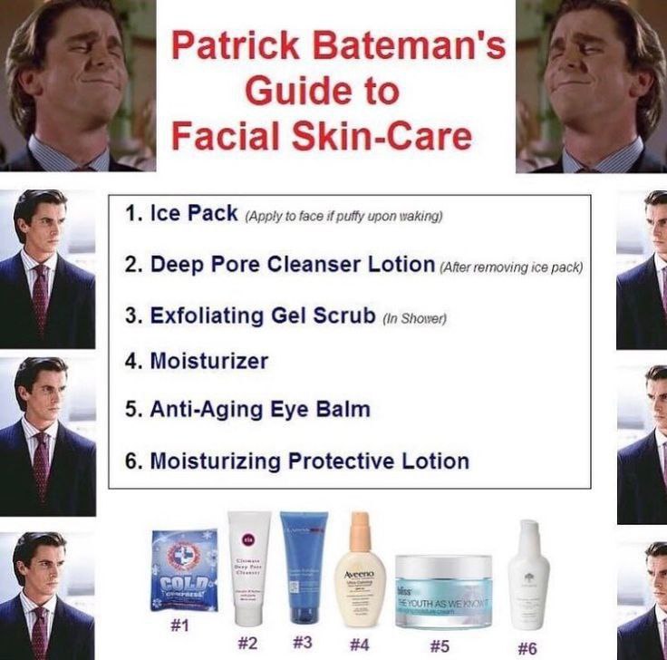 Patrick Ваетап'$ Guide to Facial Skin-Care Ice Pack (Apply to face if puffy upon waking) Deep Pore Cleanser Lotion removing ice pack) Exfoliating Gel Scrub (in Moisturizer Anti-Aging Eye Balm 1 Moistu