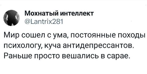 Мохнатый интеллект Мир сошел с ума, постоянные походы психологу, куча антидепрессантов. Раньше просто вешались в сарае.