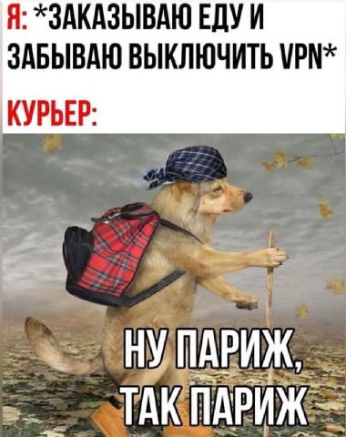Я: *ЗАКАЗЫВАЮ ЕДУ И ЗАБЫВАЮ ВЫКЛЮЧИТЬ VPN* КУРЬЕР ПАРИЖ ТАК
