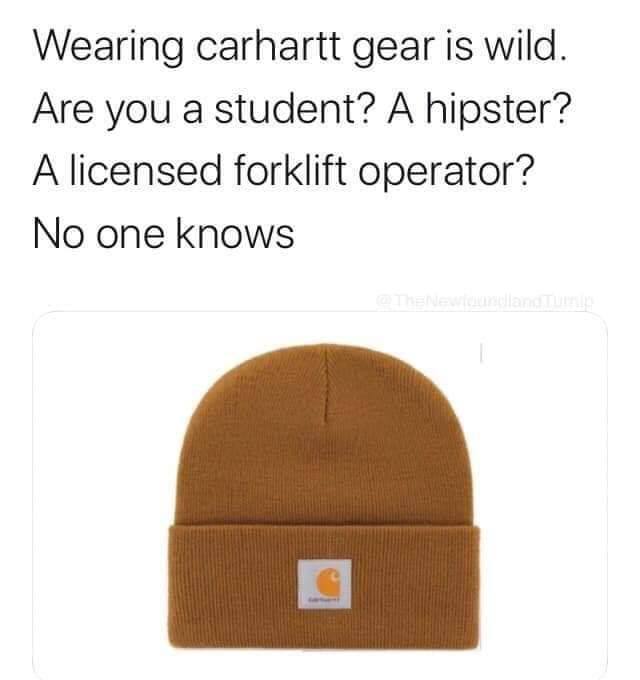 Wearing carhartt gear is wild. Are you a student? A hipster? A licensed forklift operator? No one knows