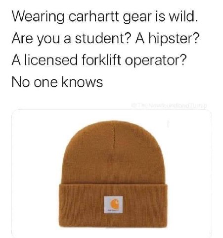 Wearing carhartt gear is wild. Are you a student? A hipster? A licensed forklift operator? No one knows
