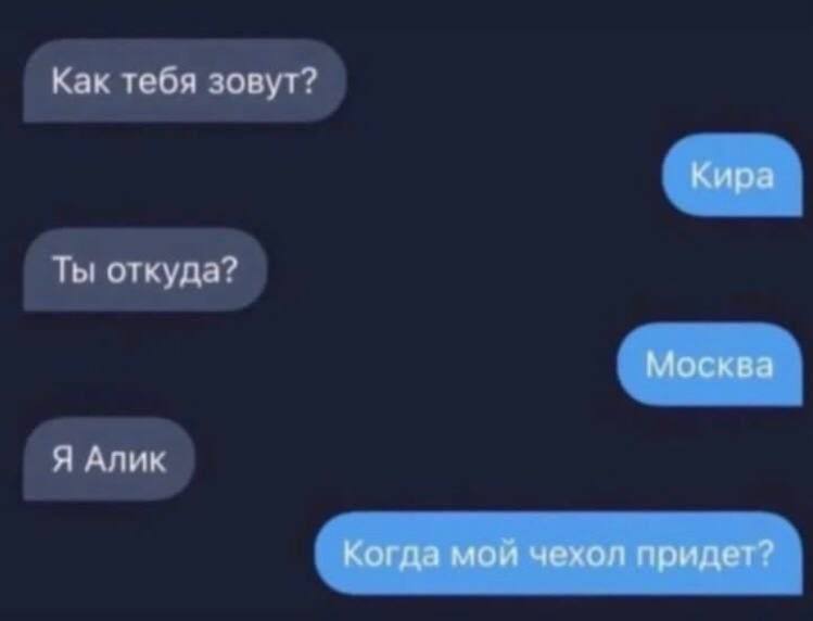 Как тебя зовут? Кира Ты откуда? Москва Я Алик Когда мой чехол придет?