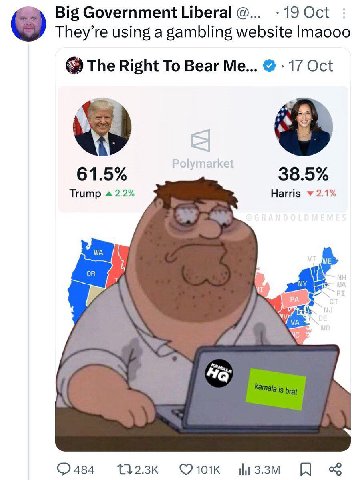 Big Government Liberal 19 Oct They’re using a gambling website Imaooo The Right To Bear Me... 17 Oct 61.5% 38.5% Trump 4 2.2% Harris у 2.1% OR На 484