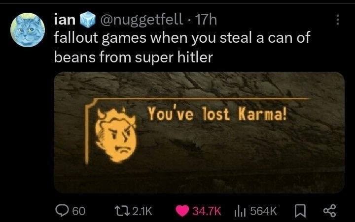 ian fallout games when you steal a can of beans from super hitler Youve lost Karma! 60