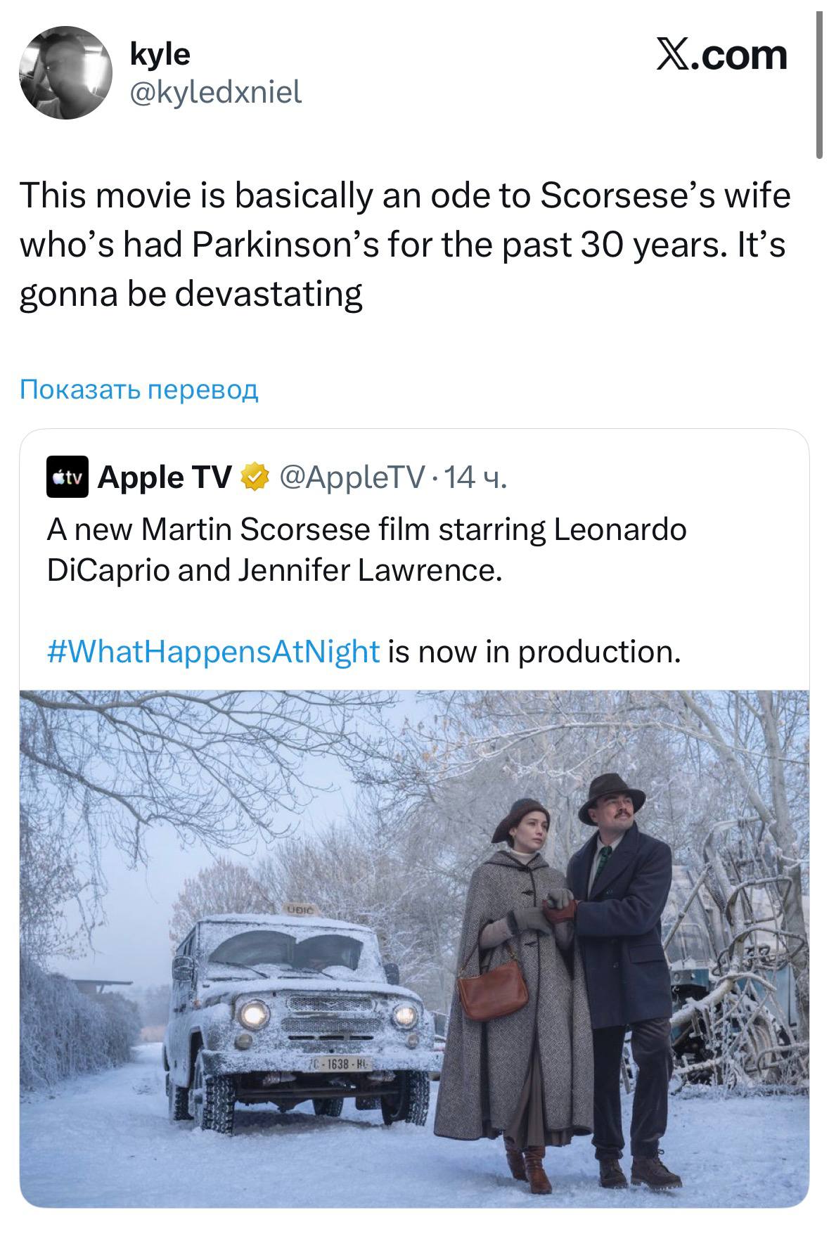 kyle X.com @kyledxniel This movie is basically an ode to Scorsese’s wife who’s had Parkinson’s for the past 30 years. It’s gonna be devastating Показать перевод Apple @Аррет\-14 Anew Martin Scorsese f