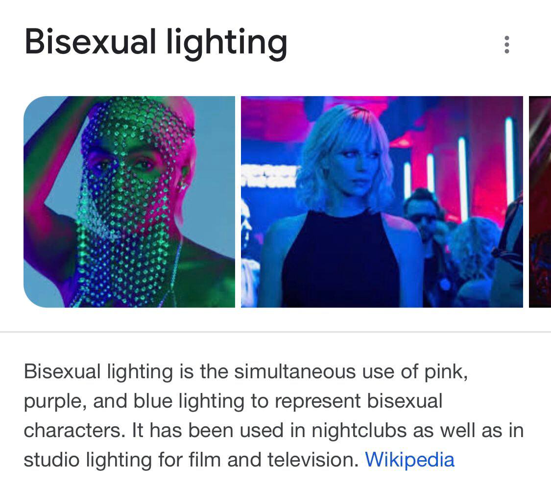 Bisexual lighting Bisexual lighting is the simultaneous use of pink, purple, and blue lighting to represent bisexual characters. It has been used in nightclubs as well as in studio lighting for film a