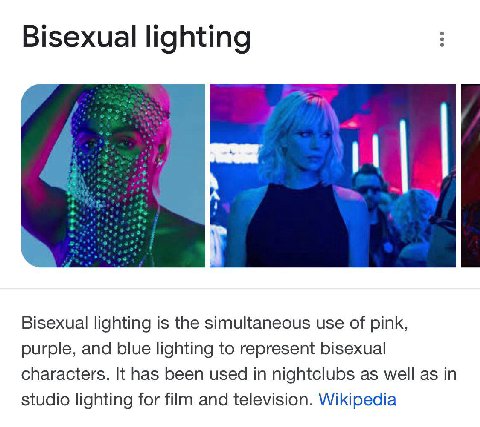 Bisexual lighting Bisexual lighting is the simultaneous use of pink, purple, and blue lighting to represent bisexual characters. It has been used in nightclubs as well as in studio lighting for film a