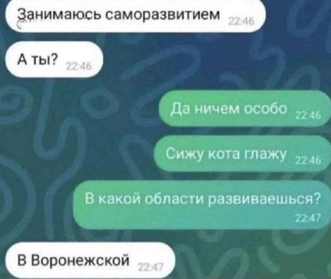 Занимаюсь саморазвитием A Да ничем особо Сижу кота глажу 4, В какой области развиваешься? 2247 В Воронежской