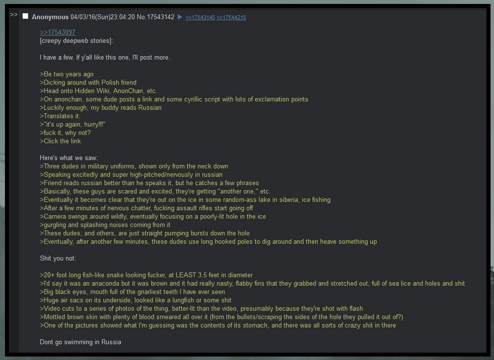 Anonymous 04/03/16(Sun)23:04:20 >=17543145 »=17544215 >>17543097 [creepy deepweb stories]: have a few. If like this one, I'll post more. >Be two years ago >Dicking around with Polish friend >Head onto