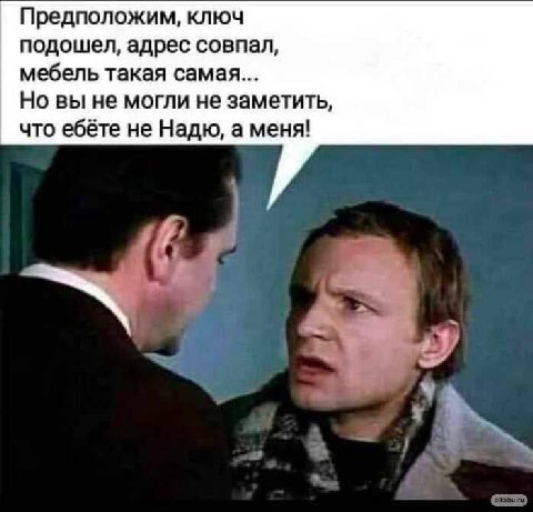 Предположим, ключ подошел, адрес совпал, мебель такая самая... Но вы не могли не заметить, что ебёте не Надю, а меня!