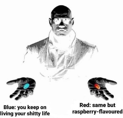 А Red: same but Blue: you keep on living your shitty life raspberry-flavoured