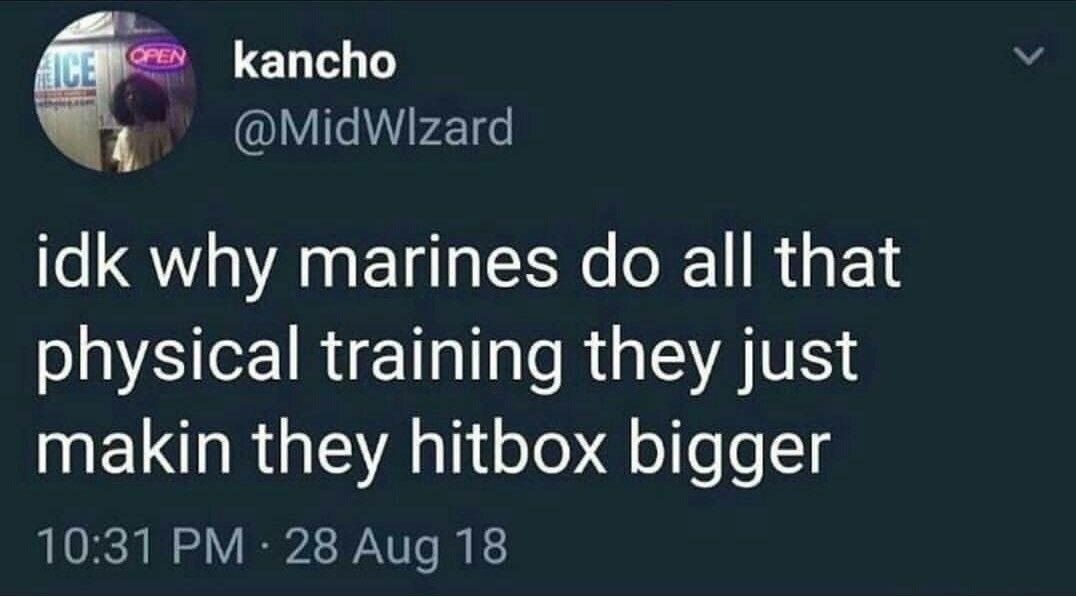 kancho @MidWizara idk why marines all that physical training they just makin they hitbox bigger 10:31 28 Aug 18