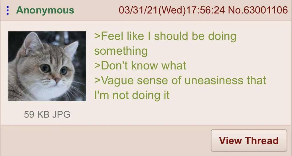 Anonymous 03/31/21 No.63001106 >Feel like should be doing something >Don't know what >Vague sense of uneasiness that not doing it 59 JPG View Thread
