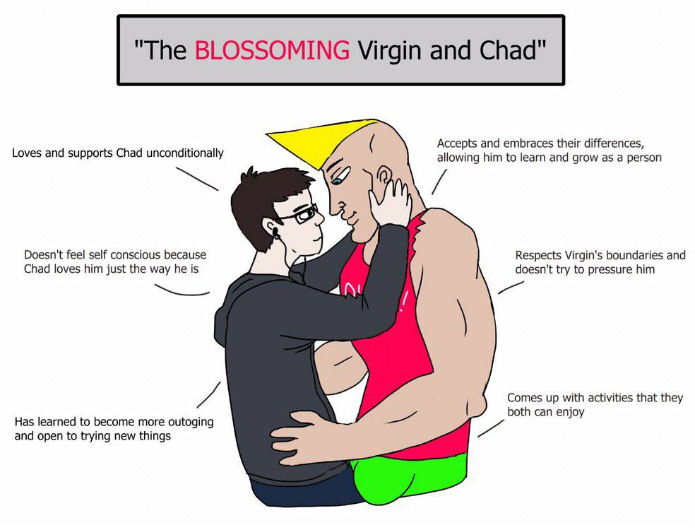 Тре BLOSSOMING Virgin and Chad Accepts and embraces their differences, Loves and supports Chad unconditionally allowing him to learn and grow as а person Doesn't feel self conscious because we Respect