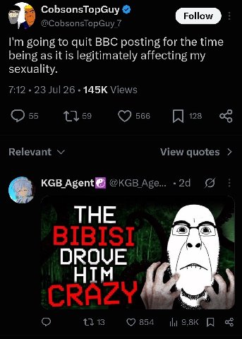CobsonsTopGuy @CobsonsTopGuy 7 Follow going to quit BBC posting for the time being as it is legitimately affecting my sexuality. 7:12 23 Jul 26 Views 135 [18 Relevant View quotes KGB Абеп{@) @KGB Age.