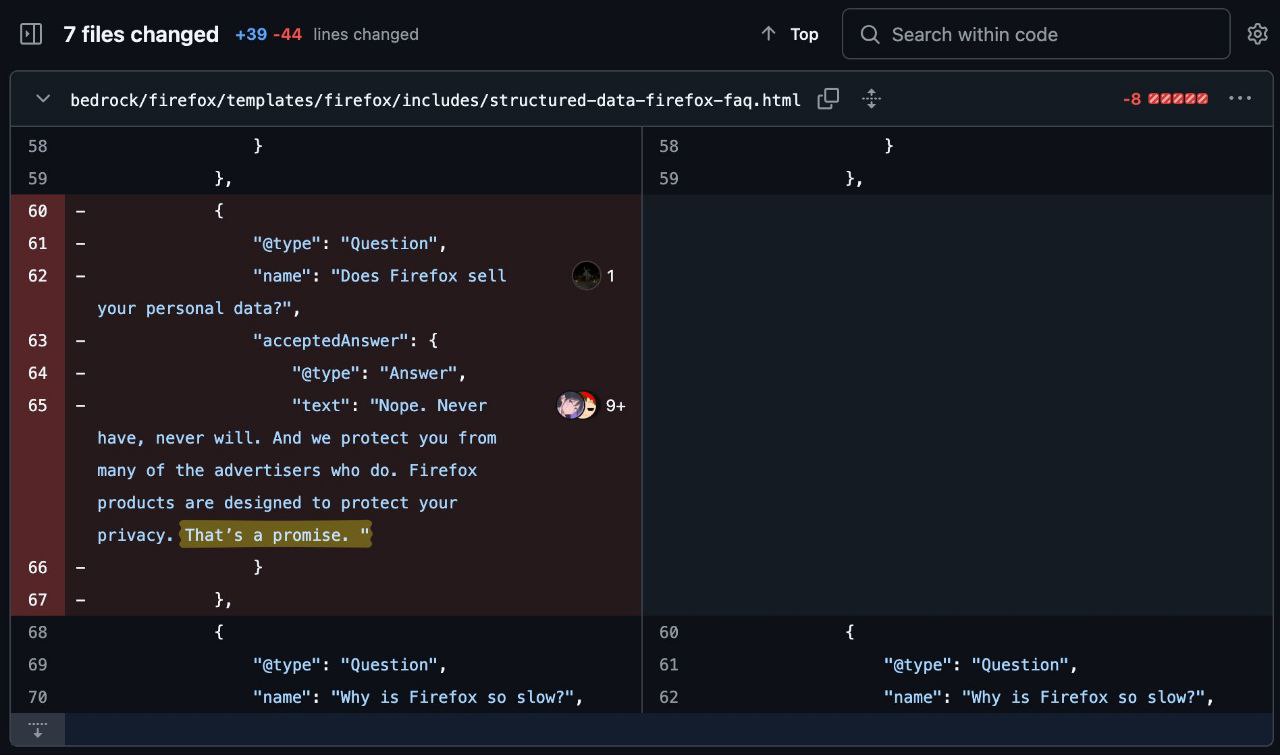 7 files changed +39 -44 lines changed 4 Top Search within code html -8 58 58 59 59 60 61 "@type": "Question", 62 “name": "Does Firefox sell 1 your personal data?", 63 “acceptedAnswer": 64 "Апзмег", 65