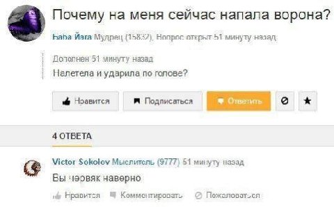 Почему на меня сейчас напала ворона? Баба Йага Мудрец (15832). Вопрос открыт 51 минуту назад Дополнен 51 минуту назад Налетела и ударила по голове? Нравится Подписаться 4 ОТВЕТА Victor Sokolov Мыслите