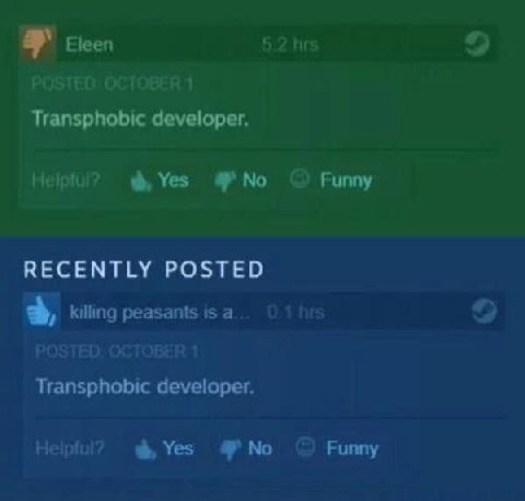 Eleen if BER Transphobic developer. Yes Funny RECENTLY POSTED killing peasants is а Transphobic developer. Yes No Funny