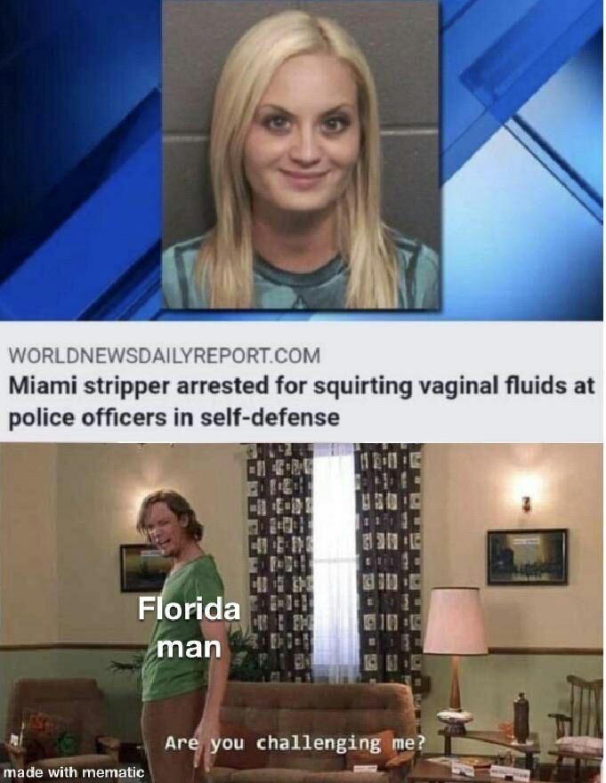 WORLDNEWSDAILYREPORT.COM Miami stripper arrested for squirting vaginal fluids at police officers in self-defense Florida man Are you challenging me? made with mematic