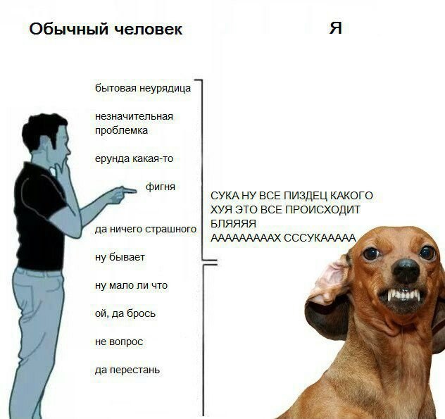Обычный человек бытовая неурядица незначительная проблемка ерунда какая-то фигня СУКА НУ ВСЕ ПИЗДЕЦ КАКОГО ХУЯ ЭТО ВСЕ ПРОИСХОДИТ БЛЯЯЯЯ да ничего страшного AAAAAAAAAX СССУКААААА ну бывает ну мало ли 